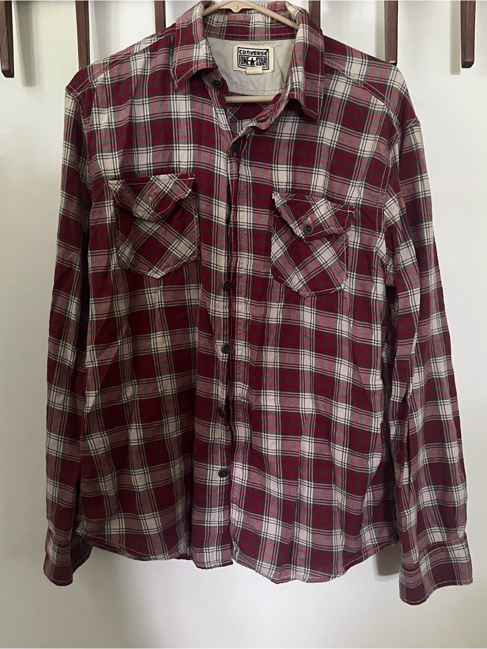 Mens Converse Red Maroon Plaid 100% Cotton Long Sleeve Button Down Shirt Size M
